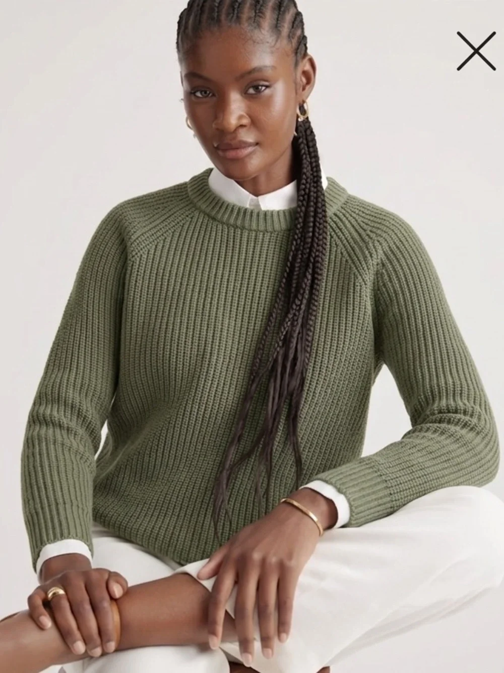 Quince Sweater 100% Organic Cotton Fisherman Crew Olive Green Chunky Boxy Knit - Picture 5 of 9